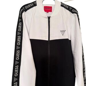 GUESS Zip Up Track Jacket Black White Logo Tape Men Lightweight Bomber